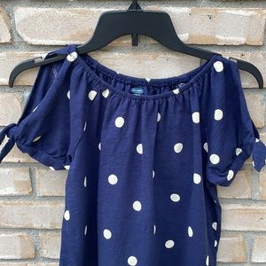 Old Navy Girls Short Sleeve Cold Shoulder Tie Shirt Blouse Navy w Dots Sz L